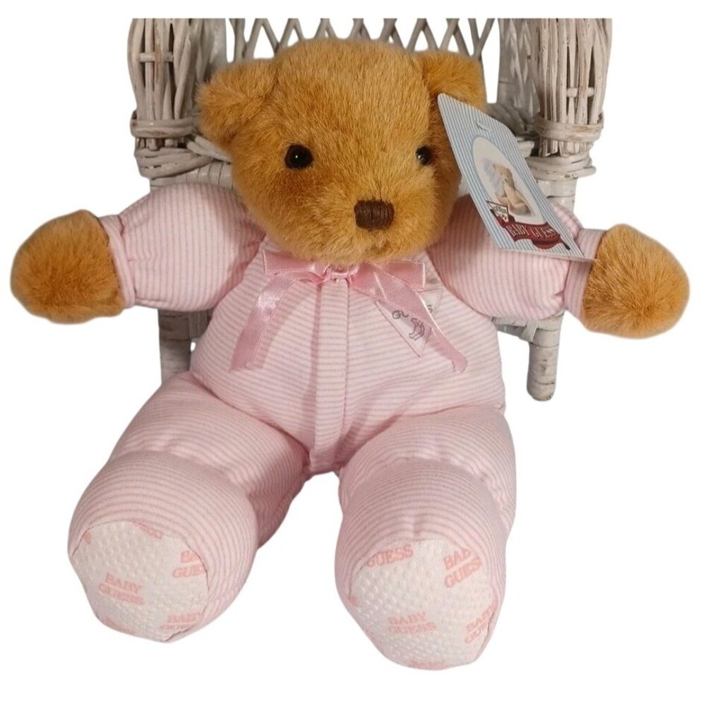 Rare NWT Vintage 12" Baby Guess Teddy Bear Plush Rattle Pink Stripe Pajama